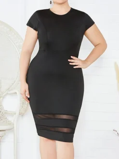 Women's Plus Size Curve Party Dress Bodycon Sheath Dress Plain Midi Dress Short Sleeve Mesh Crew Neck Fashion Party Black White Fall Winter XL XXL 3XL 4XL 5XL -HANs Plus Size Style Shop qdiwfa1694151469946