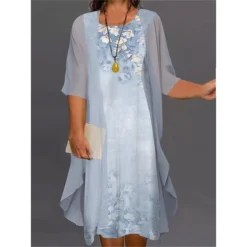 Women's Plus Size Curve Two Piece Dress Floral Round Neck Print 3 4 Length Sleeve Spring Summer Casual Knee Length Dress Casual Daily Dress