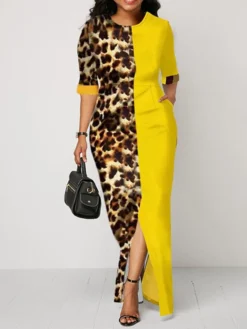 Women‘s Plus Size Curve Work Dress Print Crew Neck Split Half Sleeve Spring Fall Stylish Elegant Maxi Long Dress Formal Work Dress -HANs Plus Size Style Shop qdyeef1628856862388