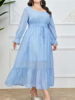 Women's Plus Size Prom Dress Party Dress Corset Dress Long Dress Maxi Dress Light Blue Long Sleeve Pure Color Drawstring Fall Winter Autumn Square Neck Fashion Winter Dress Evening Party Wedding Guest -HANs Plus Size Style Shop qebeyu1693535310744
