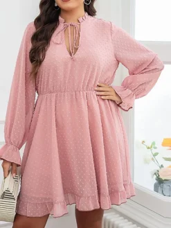 Women's Plus Size Party Dress Wedding Guest Dress Pink Dress Mini Dress Pink Long Sleeve Pure Color Lace Up Spring Fall Winter V Neck Fashion Winter Dress Evening Party Wedding Guest 2023 XL XXL 3XL