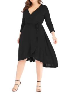 Women‘s Plus Size Curve Work Dress Semi Formal Dress Wrap Dress Fashion Midi Dress Lace Up V Neck Long Sleeve Plain Regular Fit Black Blue Spring Fall XL XXL 3XL 4XL 5XL -HANs Plus Size Style Shop qeoeae1691402323479
