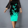 Women‘s Plus Size Curve Work Dress Sheath Dress Floral Butterfly Midi Dress 3/4 Length Sleeve Lace Print Crew Neck Elegant Outdoor Black Khaki Fall Spring XL XXL 3XL 4XL 5XL