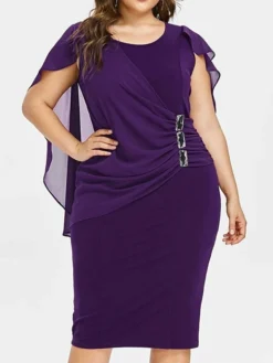Women‘s Plus Size Curve Party Dress Solid Color Crew Neck Short Sleeve Fall Spring Elegant Prom Dress Midi Dress Formal Party Dress -HANs Plus Size Style Shop qezawg1631263065078
