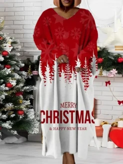 Women‘s Plus Size Christmas Dress Santa Claus V Neck Long Sleeve Winter Fall Modern Maxi Long Dress Daily Dress -HANs Plus Size Style Shop qfsqxk1668158264792