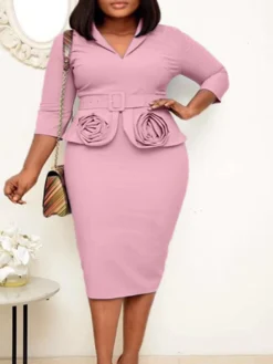 Women‘s Plus Size Curve Easter Dress Work Dress Solid Color Shirt Collar 3/4 Length Sleeve Spring Fall Work Elegant Casual Knee Length Dress Formal Dress -HANs Plus Size Style Shop qfyegw1638843639153