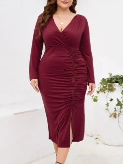 Women‘s Plus Size Curve Work Dress Sheath Dress Semi Formal Dress Fashion Midi Dress Ruched Split V Neck Long Sleeve Plain Regular Fit Black Wine Purple Fall Winter L XL XXL 3XL 4XL -HANs Plus Size Style Shop qghkog1691401366378