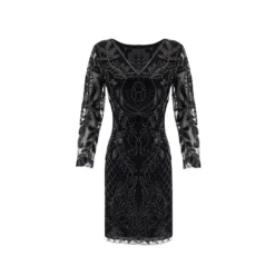 Women's Retro 1920s Sequin Dress Midi Dress Party Halloween Sequins Patchwork Leaf V Neck Long Sleeve Regular Fit Spring Fall 2023 Black Gold S M L XL -HANs Plus Size Style Shop qgxtlu1692616075435