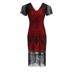 Women's Retro 1920s Fringe Dress Midi Dress Party Halloween Sequins Tassel Fringe Geometric V Neck Short Sleeve Regular Fit Spring Fall 2023 Black Light Red XS S M L