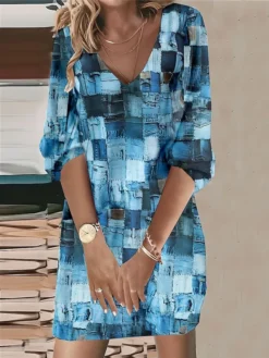 Women's Casual Dress Sweatshirt Dress Mini Dress Fashion Daily Outdoor Vacation Going Out V Neck Print Geometric Loose Fit Royal Blue Blue Gray S M L XL XXL