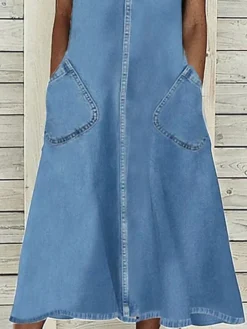 Women's Denim Dress Casual Dress Midi Dress Denim Classic Casual Outdoor Daily Vacation U Neck Lace Pocket Short Sleeve Summer Spring 2023 Regular Fit Blue Plain S M L XL 2XL -HANs Plus Size Style Shop qhsfeo1679023632605