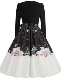 Women's Christmas Vintage Dress Midi Dress Black And White Green Black Long Sleeve Santa Claus Bow Winter Fall Autumn Square Neck Stylish Christmas Vacation 2022 S M L XL XXL 3XL -HANs Plus Size Style Shop qhtuzn1667637303659