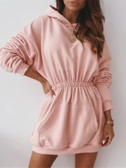 Women's Casual Dress Hoodie Dress Mini Dress Active Daily Outdoor Holiday Vacation Hoodie Pocket Solid Color Regular Fit Black White Pink S M L XL XXL -HANs Plus Size Style Shop qiaucb1695027786647