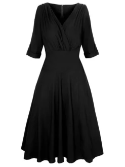 Women‘s Plus Size Curve Casual Dress Vintage Dress Solid Color Midi Dress Half Sleeve V Neck Fashion Daily Black Wine Summer Spring L XL XXL 3XL 4XL -HANs Plus Size Style Shop qijkzk1677640140164