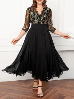 Women's Plus Size Curve Party Dress Chiffon Dress Swing Dress Floral Long Dress Maxi Dress 3/4 Length Sleeve Mesh Patchwork V Neck Fashion Party Black Fall Winter L XL XXL 3XL 4XL -HANs Plus Size Style Shop qiqlhu1694487742713