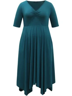 Women's Plus Size Curve Casual Dress Swing Dress A Line Dress Plain Midi Dress Half Sleeve Ruched Pocket V Neck Fashion Daily Dark Green Spring Fall L XL 2XL 3XL 4XL -HANs Plus Size Style Shop qjojeh1697164739342