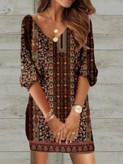 Women's Casual Dress Ethnic Dress Shift Dress Mini Dress Black Wine Red 3/4 Length Sleeve Floral Print Spring Fall Winter V Neck Fashion Loose Fit 2023 S M L XL XXL 3XL 4XL 5XL -HANs Plus Size Style Shop qjpblt1671420163007