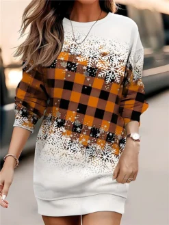 Women‘s Christmas Casual Dress Sweatshirt Dress Mini Dress Warm Fashion Outdoor Holiday Crew Neck Print Geometric Loose Fit Red Orange Green S M L XL XXL -HANs Plus Size Style Shop qjusch1695195034670