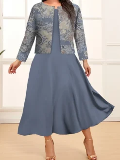 Women's Plus Size Two Piece Dress Set Casual Dress Paisley Dress Outdoor Office Fashion Streetwear Print Midi Dress Crew Neck Long Sleeve Floral Paisley Regular Fit Navy Blue Blue Fuchsia Fall Winter
