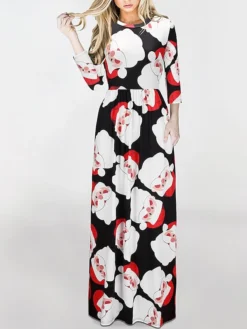 Women‘s Christmas Holiday Casual Vintage Dress Long Dress Maxi Dress Party Ruched Patchwork Santa Claus Crew Neck Long Sleeve Regular Fit Fall Winter 2023 Black White S M L XL -HANs Plus Size Style Shop qkdqxy1694165884528