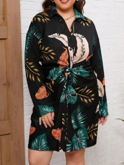 Women's Plus Size Shirt Dress Casual Dress Midi Dress Outdoor Daily Vacation Polyester Fashion Casual Shirt Collar Lace Up Button Long Sleeve Fall Winter 2023 Regular Fit Black Leaf L XL 2XL 3XL 4XL -HANs Plus Size Style Shop qkrjyb1693535893070