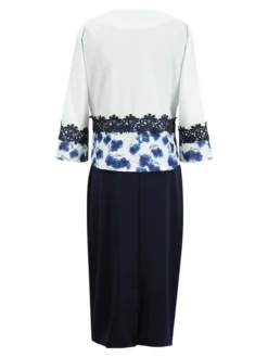 Women‘s Plus Size Curve Work Dress Floral Crew Neck Print 3/4 Length Sleeve Spring Fall Elegant Casual Midi Dress Formal Work Dress -HANs Plus Size Style Shop qktrxj1630916627028