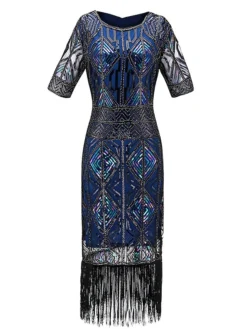 Women's Retro 1920s Fringe Dress Midi Dress Party Halloween Sequins Tassel Fringe Geometric Crewneck Short Sleeve Regular Fit Spring Fall 2023 Red Blue S M L XL -HANs Plus Size Style Shop qkvvjk1693206882395