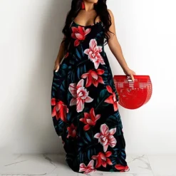 Women‘s Plus Size Curve Holiday Dress Floral Crew Neck Print Sleeveless Spring Summer Mumu Maxi Long Dress Date Vacation Dress