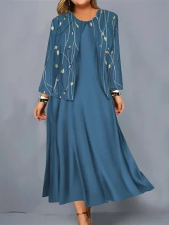 Women's Plus Size Curve Casual Dress Dress Set Two Piece Dress Floral Gradient Midi Dress Long Sleeve Print Crew Neck Mature Outdoor Black Pink Fall Winter L XL XXL 3XL 4XL