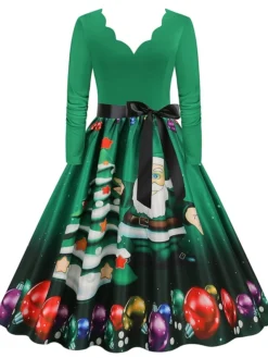 Women's Christmas Party Dress Swing DressKnee Length Dress Green Purple Wine Red Black Long Sleeve Santa Claus Elk Snowman Print Fall Winter V Neck Vintage Party Elegant Party 2022 S M L XL XXL 3XL -HANs Plus Size Style Shop qlobal1667874471793