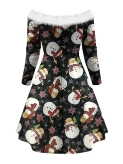 Women's Christmas Swing Dress Vintage Dress Mini Dress Green Blue Royal Blue Red White Black Long Sleeve Santa Claus Snowman Snowflake Feather Print Winter Fall Off Shoulder Stylish Elegant -HANs Plus Size Style Shop qludpw1666597371406