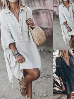Women's Shirt Dress Shift Dress Midi Dress Outdoor Winter Dress Daily Cotton Polyester Basic Casual Shirt Collar Ruched Button Long Sleeve Summer Spring Fall 2023 Loose Fit White Dark Gray Pure Color