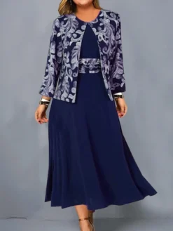 Women‘s Plus Size Curve Dress Set Print Crew Neck Long Sleeve Spring Fall Elegant Maxi Long Dress Formal Party Dress -HANs Plus Size Style Shop qmgvia1665574551392