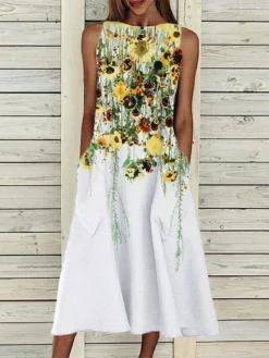 Women‘s A Line Dress Midi Dress Sleeveless Floral Pocket Cold Shoulder Print Spring Summer Round Neck Casual Vintage Going Out 2023 S M L XL XXL Cotton -HANs Plus Size Style Shop qmmqdx1617761862311