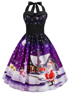 Women's Christmas Knee Length Dress Blue Purple Blushing Pink Red Sleeveless Print Lace Up Print Fall Summer Halter Neck VintageParty Slim 2021 S M L XL XXL -HANs Plus Size Style Shop qmudow1601018458507