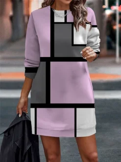 Women's Casual Dress Sweatshirt Dress Mini Dress Warm Fashion Outdoor Vacation Going Out Crew Neck Print Geometric Loose Fit Pink Blue Light Purple S M L XL XXL -HANs Plus Size Style Shop qmwjgc1694596716605