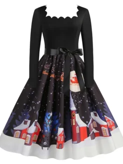 Women's Christmas Vintage Dress Midi Dress Black And White Green Black Long Sleeve Santa Claus Bow Winter Fall Autumn Square Neck Stylish Christmas Vacation 2022 S M L XL XXL 3XL -HANs Plus Size Style Shop qmzpdb1667637300957
