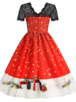 Women's Christmas Knee Length Dress Blue Purple Wine Green Black Red Short Sleeve Print Lace Print Fall Winter Round Neck CasualRegular Fit 2021 S M L XL XXL 3XL -HANs Plus Size Style Shop qmztto1632737572611