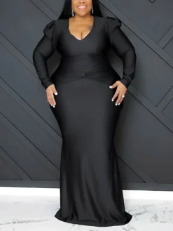 Women‘s Plus Size Curve Party Dress Bodycon Solid Color Long Dress Maxi Dress Long Sleeve Ruched V Neck Elegant Party Camel Black Summer Spring XL XXL 3XL 4XL 5XL -HANs Plus Size Style Shop qnszov1677925415843