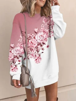 Women's Casual Dress Sweatshirt Dress Mini Dress Warm Fashion Outdoor Vacation Going Out Crew Neck Print Floral Loose Fit Pink Blue Purple S M L XL XXL -HANs Plus Size Style Shop qnuxqc1694166431325