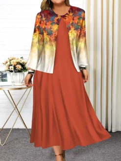 Women's Plus Size Curve Casual Dress Dress Set Two Piece Dress Floral Gradient Midi Dress Long Sleeve Print Crew Neck Fashion Outdoor Red Blue Fall Winter L XL XXL 3XL 4XL