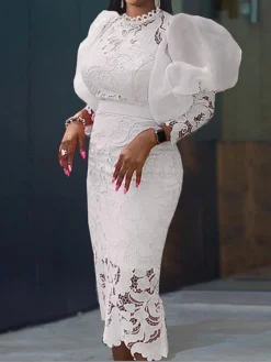 Women‘s Plus Size Curve Party Dress Lace Dress Cocktail Dress Midi Dress White Pink Long Sleeve Pure Color Lace Spring Fall Winter Stand Collar Fashion Wedding Guest Vacation Fall Dress 2023 -HANs Plus Size Style Shop qosdcj1690946614373