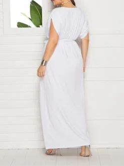 Women's Plus Size Curve Party Dress Sheath Dress Formal Dress Maxi Dress White Wine Royal Blue Short Sleeve Pure Color Lace Up Spring Fall Autumn V Neck Fashion Birthday Wedding Guest Vacation -HANs Plus Size Style Shop qotaja1692178811210