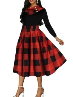 Women‘s Christmas Retro Elegant Vintage Dress Midi Dress Party Ruffle Patchwork Plaid Crew Neck Long Sleeve Regular Fit Fall Winter 2023 Red S M L XL -HANs Plus Size Style Shop qoumtp1695030847203