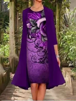 Women‘s Plus Size Curve Two Piece Dress Graphic Crew Neck Print Long Sleeve Winter Fall Elegant Casual Knee Length Dress Daily Holiday Dress -HANs Plus Size Style Shop qozmtz1630568079984