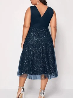 Women‘s Plus Size Curve Party Dress Solid Color V Neck Mesh Sleeveless Spring Fall Elegant Sexy Sequins Prom Dress Midi Dress Formal Party Dress Sequin Dress Homecoming Dress Print -HANs Plus Size Style Shop qpavag1627636580211