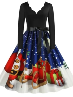 Women's Christmas Party Dress Knee Length Dress Purple Royal Blue Dark Blue Red Black Long Sleeve Elk Tree Bell Bow Print Fall Winter V Neck Vintage Elegant Party 2022 -HANs Plus Size Style Shop qpdpjk1632996776422