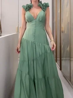Women's Casual Dress Satin Dress Swing Dress Long Dress Maxi Dress Ruffle Backless Daily Holiday Vacation Fashion Modern V Neck Sleeveless 2023 Regular Fit Green Color S M L XL XXL Size