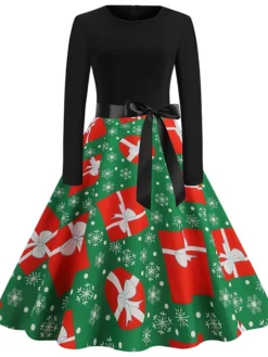 Women's Christmas Swing Dress Vintage Dress Midi Dress Green Blue Light Green Long Sleeve Santa Claus Bow Winter Fall Autumn Crew Neck Fashion Daily Date 2022 S M L XL XXL 3XL -HANs Plus Size Style Shop qppmhm1667894621059