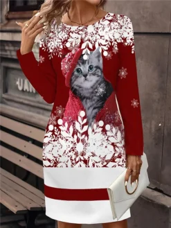 Women's Christmas Dress Plaid Dress Mini Dress Active Fashion Outdoor Christmas Holiday Crew Neck Print Geometric Snowman Snowflake Loose Fit Wine Red Blue S M L XL XXL -HANs Plus Size Style Shop qpqjse1696757166084